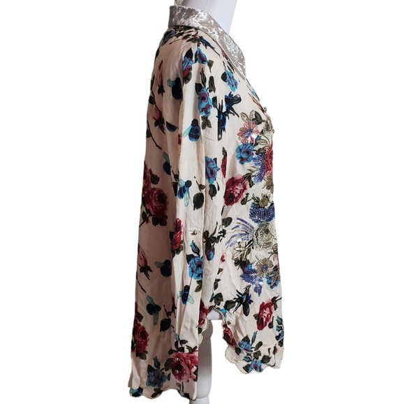 Aratta Silent Journey Floral Print Shirt Sz L Velvet Collar Boho Whimsy Fairy - Picture 5 of 16